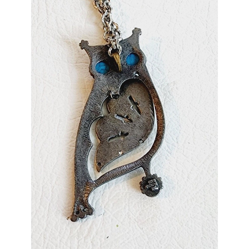 PEWTER  GOLD CROWN INC. OWL NECKLACE WITH FAUX TURQUOISE BLUE PENDANT - Picture 6 of 8